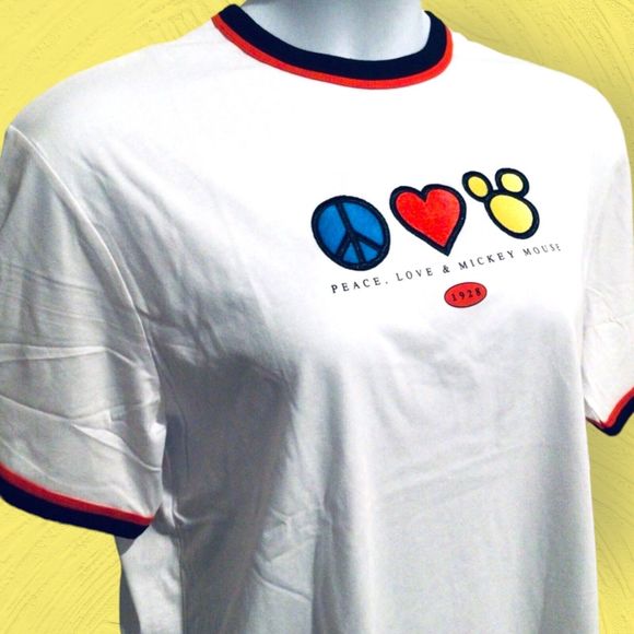 WDW Disney Parks PEACE LOVE & MICKEY MOUSE Ringer T Shirt 90s Y2K White Size S - Picture 2 of 6